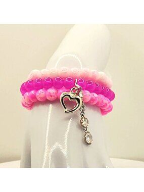 Hot Pink Bracelet Stack, Pink Heart Charm Bracelet, Layered Beaded Bracelet Set
